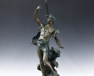 A 20th century Spelter figural lamp after Auguste Moreau.  Depicts a young man standing among waves on a circular base with verdigris patinated finish and fringed silk shade.  Cast "Aug. Moreau" signature at base.  24" high overall.  ESTIMATE $200-300