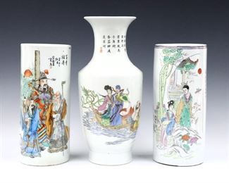 Three pieces of Chinese Famille Rose and Verte porcelain.  Includes two cylindrical hat stands and a baluster form vase.  Hand-painted decoration depicting Immortals and various court scenes.  Two with painted seal marks in Red.