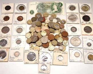 100 plus British coins and a 1 Pound note.  Primarily 20th century.  Circulated, some wear.  ESTIMATE $100-150