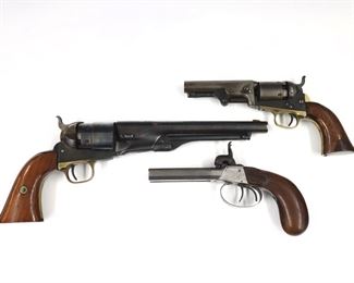 Three reproduction firearms.  Includes a .31 Caliber Repro Colt Model 1849 Pocket Percussion Revolver, 5 shot with 4" octagonal barrel, Blued frame, walnut grips and Brass trigger guard, serial #153042 on barrel, frame, cylinder and trigger guard, marked "Address Saml Colt New York City" at barrel and "Colts Patent" at frame; a Repro .44 Caliber Colt Model 1860 Army Revolver, 6 shot single action with 8" barrel, walnut grips and Brass trigger guard, serial #186660 on barrel, frame and trigger guard, marked "Address Col. Sam Colt New York US America" at barrel; and a .44 Caliber Repro Double Barrel Pistol, 3" double side-by-side octagonal barrels, engraved Walnut grips and Steel trigger guard marked "CVA".  