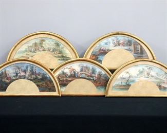 Five 19th century Victorian Period hand-painted fans in custom frames.  Watercolor on paper depictions of various country and Neoclassical genre scenes.  