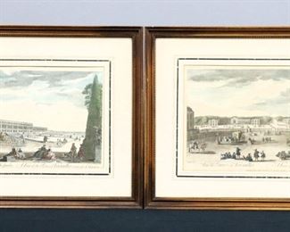 After Jacques Rigaud, French, 1680-1754.  A pair of 19th century engravings on paper with hand-coloring, titled "A View of the Stables of Versailles" and "A View of the Palace of Versailles towards eu Garden.  Signed "J. Rigaud" in the plate lower left, "J. Tinny" lower right, with publishing date of "1818" lower center.  Toning, pencil mark at top of one, not examined out of frame.  Images each 16 1/2 x 9 1/2" high, framed 23 1/2 x 16 1/2" high overall. 