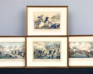 Four 19th century Currier & Ives hand-colored lithographs on paper depicting Civil War battles.  Titled "Bombardment of Island "Number Ten" in the Mississippi River", "Genl. Shields at the Battle of Winchester VA. 1862", "The Battle of the Wilderness VA. May 5th & 6th 1864" and "Battle of Coal Harbor VA. June 1st 1864".  