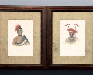 Two mid 19th century hand-colored lithograph portraits on paper from "History of the Indian Tribes of North America" by Thomas McKinney and James Hall.  Includes a portrait titled "Chon Man-I-Case, an Otto Half Chief" after Charles B. King, and "Pes-Ke-Le-Cha-Cho, a Pawnee Chief" after Henry Inman. 