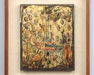 A turn of the century Russian icon depicting the Dormition of the Virgin.  Tempera and gesso on wood panel with Gilded detail.  Some wear to panel and paint, repaired corner.  Panel is 13 3/4 x 16 3/4" high, in a shadowbox frame 21 1/4 x 24 1/4" high overall.  ESTIMATE $400-600