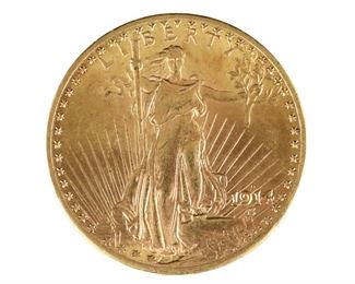 An 1914 D U.S. $20 Gold Saint Gaudens "Double Eagle" coin.  Circulated with wear and minor damage.  33.4 grams total.  