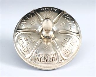 An early to mid 20th century Gorham Sterling Silver "Poker" spinning top.  Sterling top labeled with various poker hands on a resin spinning base.  Marked "Gorham, Sterling" at side. 