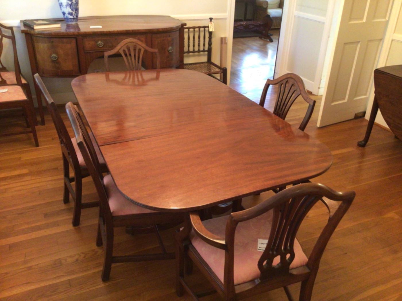 Duncan Phyfe Style Dining Table with Hepplewhite Shield Back Chairs Circa 1790