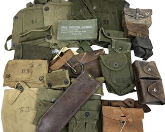 Antique WWI WWII Leather Ammo Pouch Misc. Case & Scabbard Lot