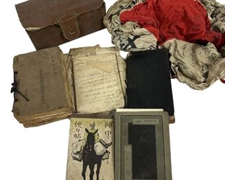 WWII Japanese Lot Flags Pouch Books Postcards Diary? - Flags musty and in poor condition