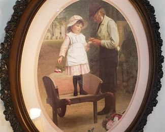 "The Thorn", by James Hayllar.  Fine Art- History- Victorian. - a little girl patiently stands in a wheelbarrow while having a rose thorn removed from her hand. 