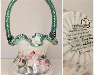 Fenton Co. 90th year, Celebratory Glass Basket Superbly Hand Painted w/ Braided Rope Handle.