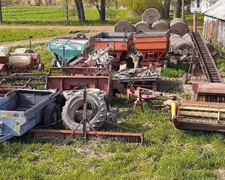 IH 1456, Ford 7710, Mahindra 2538L, New Holland 488 cutter, New Holland 268, Small baler, Bale Wagon, Gravity wagons, fertilizer buggy, Grain Drill, IH 400 planter, Case IH 30 Back Blade, 6 foot blade, Flat rack gears, Massey disk, Sprayer, Harrow, 4 bottom plow, Elevator, Auger, Tedder NH 100, New Idea Spreader, Massey 20, Combine heads, Packer, Duals, IH 1460 Combine, round baler, Twine tie only 540 pyo, Post hole digger's, Lincoln 225 arc welder, mower jack, 90gal transfer tank, poly baler twine