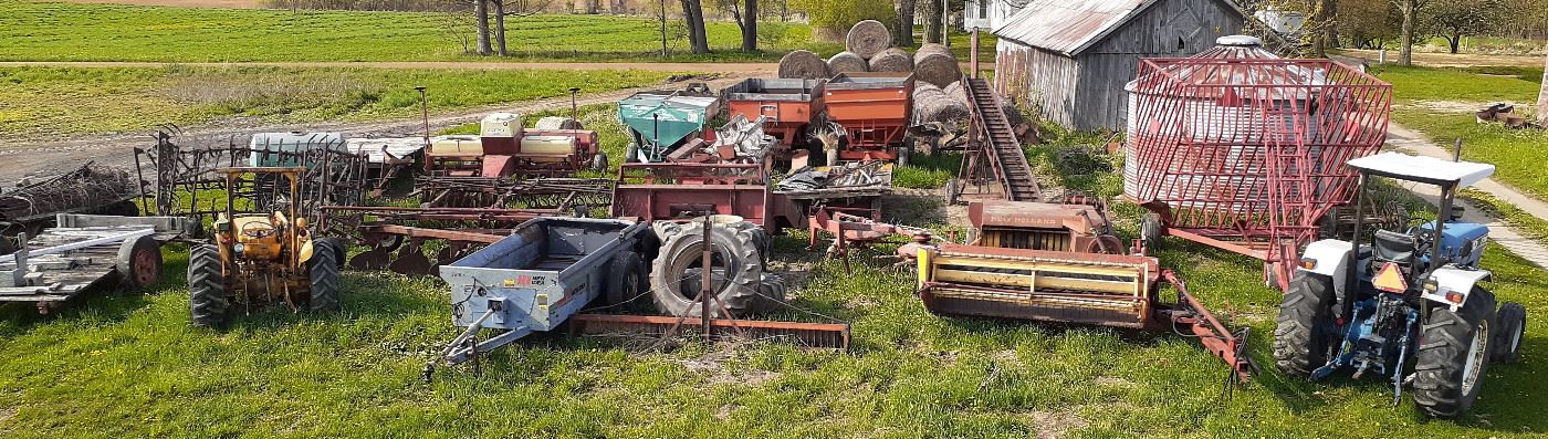IH 1456, Ford 7710, Mahindra 2538L, New Holland 488 cutter, New Holland 268, Small baler, Bale Wagon, Gravity wagons, fertilizer buggy, Grain Drill, IH 400 planter, Case IH 30 Back Blade, 6 foot blade, Flat rack gears, Massey disk, Sprayer, Harrow, 4 bottom plow, Elevator, Auger, Tedder NH 100, New Idea Spreader, Massey 20, Combine heads, Packer, Duals, IH 1460 Combine, round baler, Twine tie only 540 pyo, Post hole digger's, Lincoln 225 arc welder, mower jack, 90gal transfer tank, poly baler twine