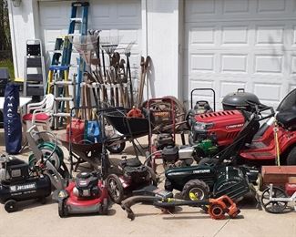 TroyBilt Bronco 42” mower with bagger, Craftsman 17” tiller, Huskee 21” push mower, Briggs 675 Swisher trimmer, Poulan chain saw, Earthway garden seeder, hose caddy, wheelbarrows, garden tools, cord reel, jack stands, bottle jacks, gas grill, werner ladders, patio furniture, battery leaf blower, weed whip, Jobsmart compressor, Homelite 5500 generator, Generac 1650 power washer