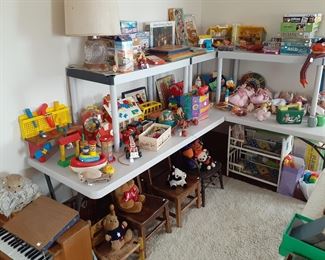 Ely Mello Tone child piano/bench, Playschool, Fisher-Price, Donald Duck ring toss, dolls, Spin-A-Word, Baby Crissy w/box, doll high chair, Sunshine Family, Sears Action Kitchen Center, Playschool riding toy,  games & puzzles, child’s chairs, 