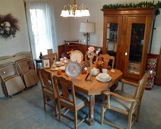 large dining table w/2 leaves/6 chairs, china cupboard, side table, maple/glass armoire, Hugo Morris lounge chair, card table sets