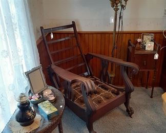 Hugo Morris lounge chair, copper lined humidor, hall table, floor lamp