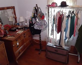 dresser, bags, hats