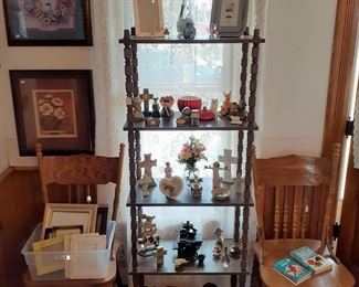 wooden spiral book shelf, religious, chairs