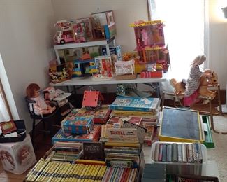 Ely Mello Tone child piano/bench, Playschool, Fisher-Price, Donald Duck ring toss, dolls, Spin-A-Word, Baby Crissy w/box, doll high chair, Sunshine Family, Barbie school/vans/fashion plaza/shower, Sears Action Kitchen Center, Playschool riding toy, Playschool wagon, doll buggy, Wonder Mustang rocking horse, games & puzzles