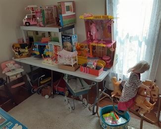 Wonder Mustang rocking horse, Barbie school/vans/fashion plaza/shower, Playschool riding toy, Playschool wagon, doll buggy