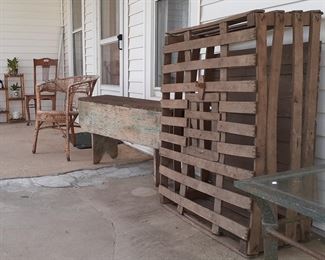 chicken crate, milk bench, plant stand, wicker chair