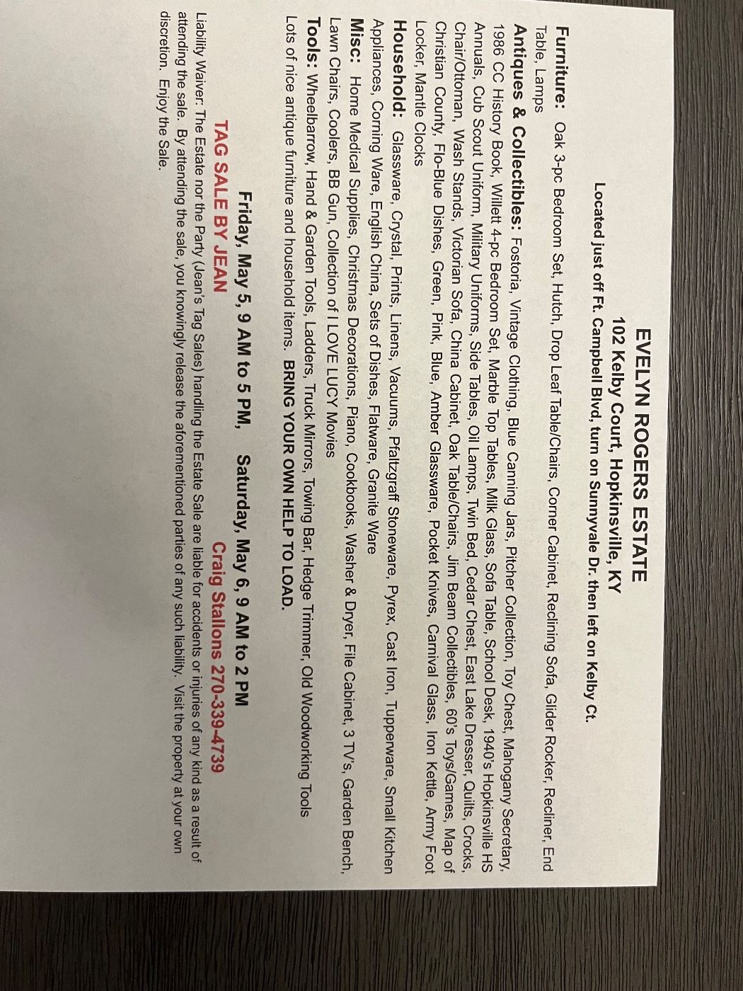 Jean’s Tag Sales in Hopkinsville, KY starts on 5/5/2023