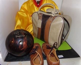 Retro bowling ball, jacket and case