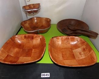 Mid-Century woven wood style bowls  solid black walnut salad bowl