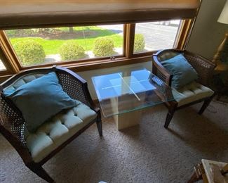 Upholster and cane Midcentury side chairs, southwestern design, pedestal lamp table