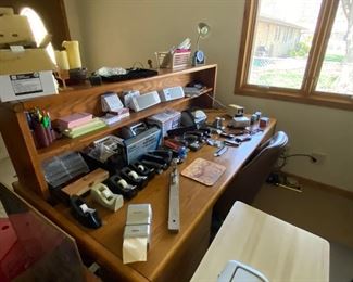 Swing line, Bostitch scotch, Dymo, Panasonic magnifying, glasses, staplers, paper, pro, norazza data destroyer