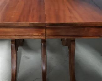 Restored Solid Wood Cherry Drop Down Table With 2 Leafs & Brass Leg  Feet Covers Measures: Open 55.5"W x  38.25"D  Closed 26"W    Leafs 14"W x 38.25"D 