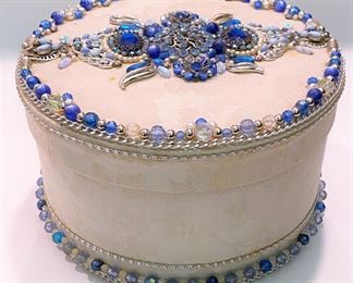 Small Hat Box decorated with beads from vintage costume jewelry 