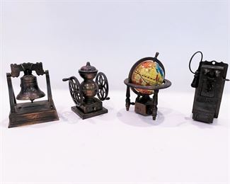 Vintage pencil sharpeners, the Liberty Bells, Coffee Grinder, World Globe and an Antique Wall telephone. 