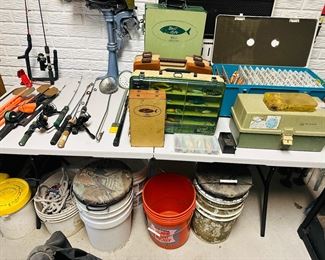 Huge fishing equipment collection-rods, reels, tackle, antique and new lure collections, tackle boxes, ice fishing equipment and portable ice shanty