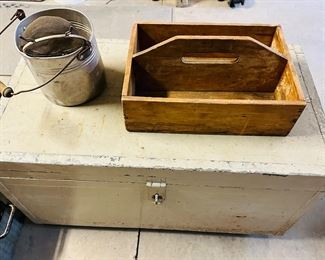 Many antique and vintage wooden and metal boxes tool boxes 