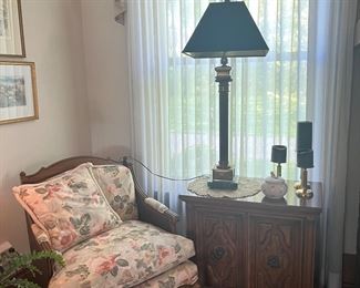 Upholstered chair and nightstand- there are a pair of these nightstands