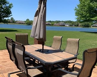 #1	Aluminum Patio Set w/4 bouncy Chairs -(2) AS IS BOUNCY CHAIRS  72x40x29 w/umbrella & Base	 $120.00 					
