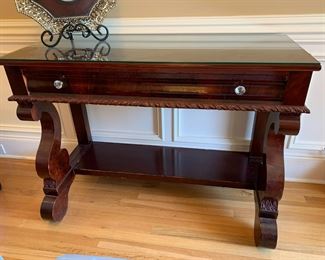 #24	Antique Wood Entry Table w/1 drawer w/glass protect Top - 48x20x35	 $275.00 			
