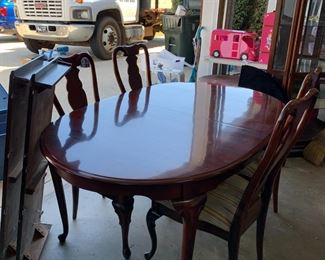 #106	Sumter cherry Oval dining table with 4 chairs 67-103x32x30h with pad (Leaf w/ damage)	 $125.00 			
this was moved to garage for easy access