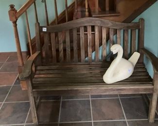 Teak Bench and wooden bird figurine