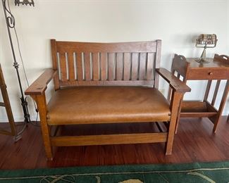 Gustav Stickley settee, real leather upholstery, possibly an old refinish, No. 212 Settle, height of back from floor 36", height of seat from floor 17", length 48", depth 21"