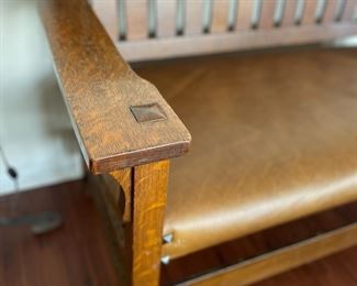 Gustav Stickley settee, real leather upholstery, possibly an old refinish, No. 212 Settle, height of back from floor 36", height of seat from floor 17", length 48", depth 21"