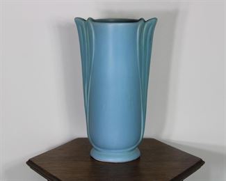 Another view of the Large Weller Pottery Lily of the Valley vase in blue