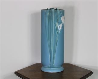 Another view of the Large Weller Pottery Lily of the Valley vase in blue