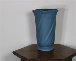 Another view of the Weller Pottery vase in blue