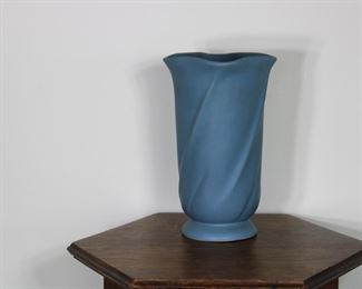 Another view of the Weller Pottery vase in blue