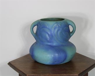 Early Van Briggle Art Pottery handled vase with palm design and blue and turquoise glaze