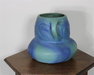 Another view of the Early Van Briggle Art Pottery handled vase with palm design and blue and turquoise glaze